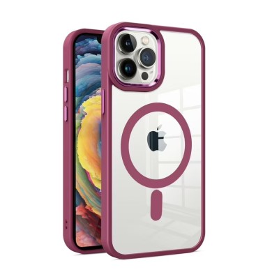 For iPhone 13 Pro Max Polished Oil Thick Acrylic Metal Button Hybrid Case Cover - Burgundy