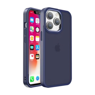 For iPhone 13 Pro Max Polished Oil Thick Acrylic Metal Button Hybrid Case Cover - Dark Blue