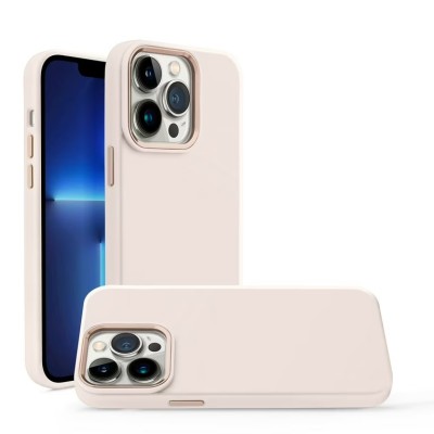 For iPhone 13 Pro Max Premium LIQUID Silicone with Metal Buttons and Camera Edges Case Cover - Beige