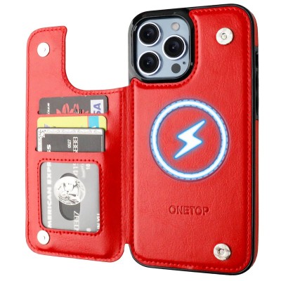 For iPhone 13 Pro Max Premium Wallet MultiCard Holder Money Zipper With Magnetic Flap - Red