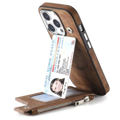For iPhone 13 Pro Max Premium Wallet MultiCard Holder Money Zipper With Magnetic Flap - Tan