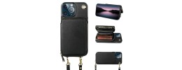 For iPhone 13 Pro Max Purse Style Wallet Card ID Money Holder with Zip containing Long & Short Lanyard - Black