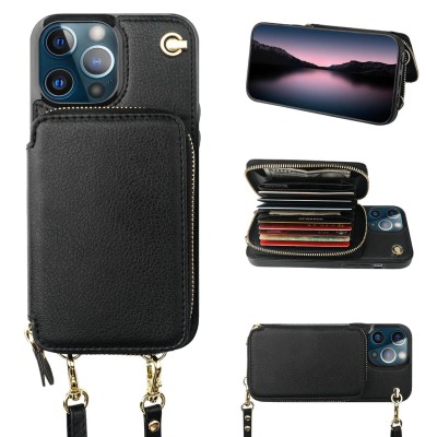 For iPhone 13 Pro Max Purse Style Wallet Card ID Money Holder with Zip containing Long & Short Lanyard - Black