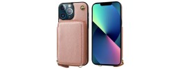 For iPhone 13 Pro Max Purse Style Wallet Card ID Money Holder with Zip containing Long & Short Lanyard - Rose Gold