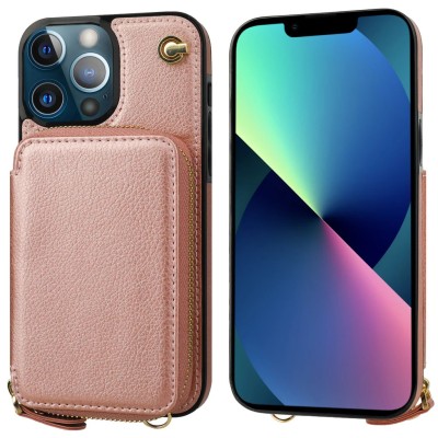 For iPhone 13 Pro Max Purse Style Wallet Card ID Money Holder with Zip containing Long & Short Lanyard - Rose Gold