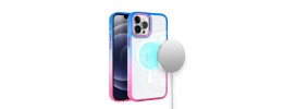 For iPhone 13 Pro Max Radiant Two Tone [Magnetic Circle] ShockProof Transparent Thick Hybrid - Blue/Hot Pink