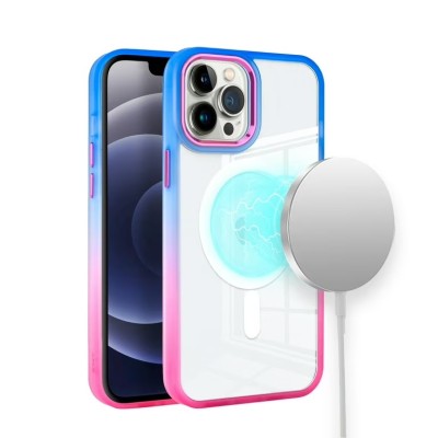 For iPhone 13 Pro Max Radiant Two Tone [Magnetic Circle] ShockProof Transparent Thick Hybrid - Blue/Hot Pink