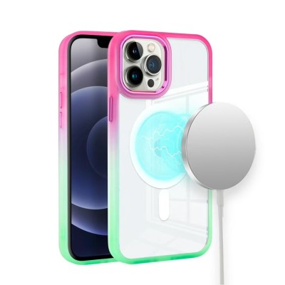 For iPhone 13 Pro Max Radiant Two Tone [Magnetic Circle] ShockProof Transparent Thick Hybrid - Hot Pink/Teal
