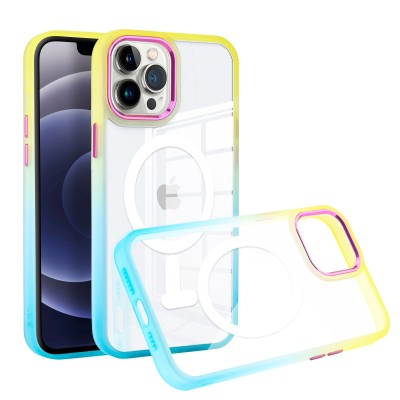 For iPhone 13 Pro Max Radiant Two Tone [Magnetic Circle] ShockProof Transparent Thick Hybrid - Yellow/Baby Blue