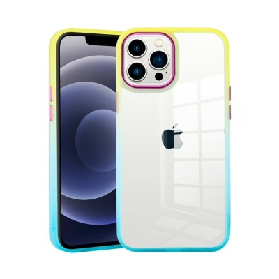 For iPhone 13 Pro Max Radiant Two Tone Transparent Thick Hybrid Case Cover - Yellow/Light Blue