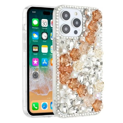 For iPhone 13 Pro Max Rose Flower Full Diamond Bling Stones - Gold