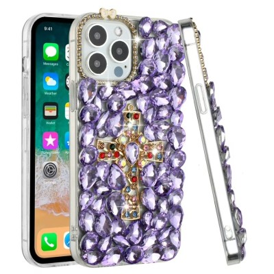For iPhone 13 Pro Max Rose Flower Full Diamond Bling Stones - Purple