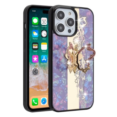 For iPhone 13 Pro Max SPLENDID Diamond Glitter Ornaments Engraving Case Cover - Enchanted Butterfly Gold