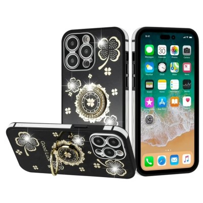 For iPhone 13 Pro Max SPLENDID Glitter Good Luck Floral Design TPU Case Cover - Black