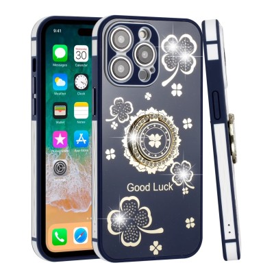 For iPhone 13 Pro Max SPLENDID Glitter Good Luck Floral Design TPU Case Cover - Blue