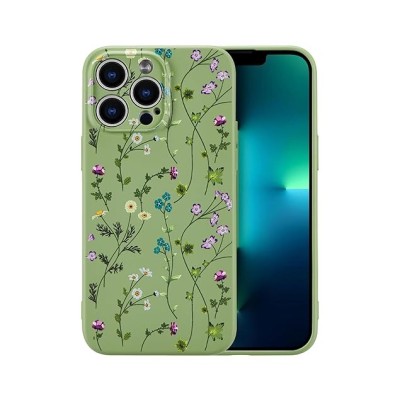 For iPhone 13 Pro Max SPLENDID Glitter Good Luck Floral Design TPU Case Cover - Midnight Green