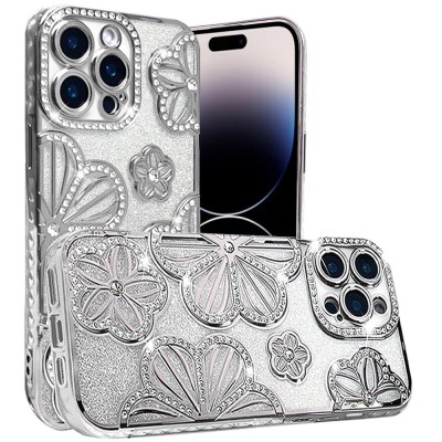 For iPhone 13 Pro Max Shimmer Glitter Floral Design Thick TPU Case Cover - Black