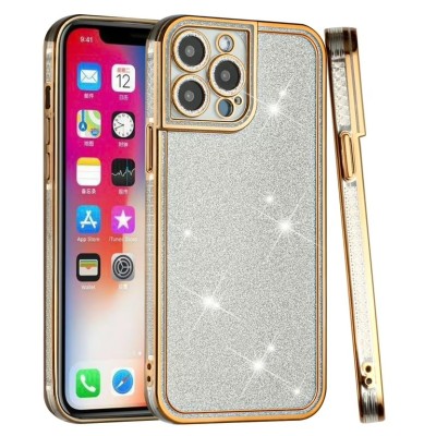 For iPhone 13 Pro Max Shimmer Glitter Floral Design Thick TPU Case Cover - Gold