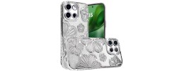 For iPhone 13 Pro Max Shimmer Glitter Floral Design Thick TPU Case Cover - Silver