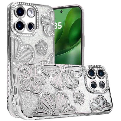 For iPhone 13 Pro Max Shimmer Glitter Floral Design Thick TPU Case Cover - Silver