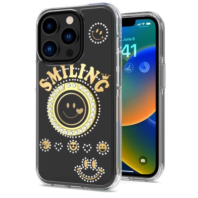 For iPhone 13 Pro Max Smiling Glitter Ornament Bling With Ring Stand Hybrid Case Cover - Black