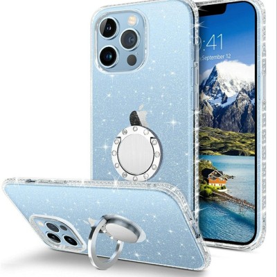 For iPhone 13 Pro Max Smiling Glitter Ornament Bling With Ring Stand Hybrid Case Cover - Blue