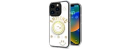 For iPhone 13 Pro Max Smiling Glitter Ornament Bling With Ring Stand Hybrid Case Cover - White