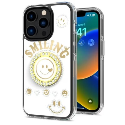 For iPhone 13 Pro Max Smiling Glitter Ornament Bling With Ring Stand Hybrid Case Cover - White
