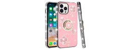 For iPhone 13 Pro Max Splendid Glitter with Diamonds All Around Edges Ring Stand Case Cover - Pink