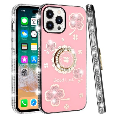 For iPhone 13 Pro Max Splendid Glitter with Diamonds All Around Edges Ring Stand Case Cover - Pink