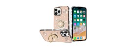 For iPhone 13 Pro Max Splendid Glitter with Diamonds All Around Edges Ring Stand Case Cover - Gold