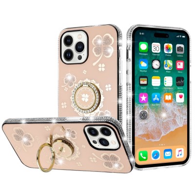 For iPhone 13 Pro Max Splendid Glitter with Diamonds All Around Edges Ring Stand Case Cover - Gold