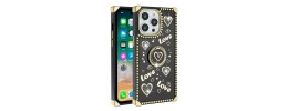 For iPhone 13 Pro Max Square Passion Hearts Bling Glitter Floral Ring Stand Case Cover - Black