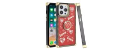 For iPhone 13 Pro Max Square Passion Hearts Bling Glitter Floral Ring Stand Case Cover - Red