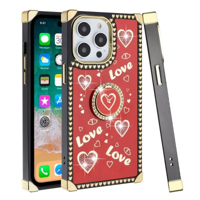 For iPhone 13 Pro Max Square Passion Hearts Bling Glitter Floral Ring Stand Case Cover - Red