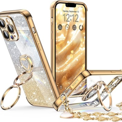 For iPhone 13 Pro Max Square Passion Hearts Bling Glitter Love Design Ring Stand Case Cover - Gold