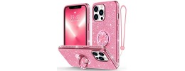 For iPhone 13 Pro Max Square Passion Hearts Bling Glitter Love Design Ring Stand Case Cover - Hot Pink