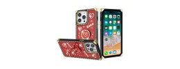 For iPhone 13 Pro Max Square Passion Hearts Bling Glitter Love Design Ring Stand Case Cover - Red