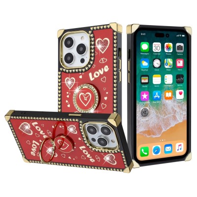 For iPhone 13 Pro Max Square Passion Hearts Bling Glitter Love Design Ring Stand Case Cover - Red