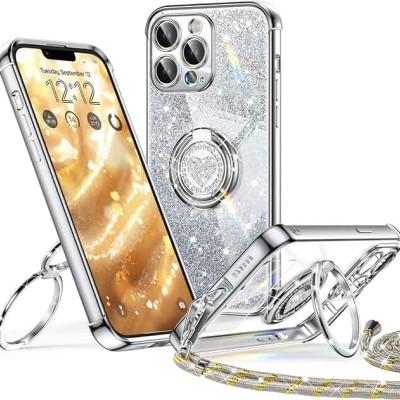 For iPhone 13 Pro Max Square Passion Hearts Bling Glitter Love Design Ring Stand Case Cover - White