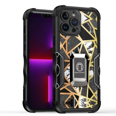 For iPhone 13 Pro Max Stellar Hybrid IMD Design Ring Stand Cover Case - A