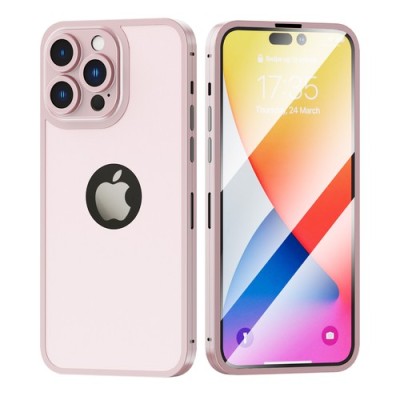 For iPhone 13 Pro Max Tempered 2in1 3D Full Protection Hybrid Zinc Alloy Ultra Thin with Logo Hole Case Cover - Rose Gold