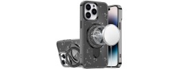 For iPhone 13 Pro Max Transparent Glitter [Magnetic Circle] ShockProof Tough 2.0mm Thick Hybrid - Black
