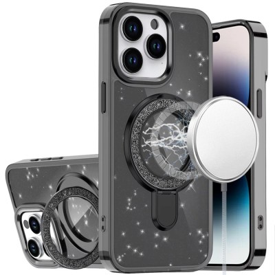 For iPhone 13 Pro Max Transparent Glitter [Magnetic Circle] ShockProof Tough 2.0mm Thick Hybrid - Black