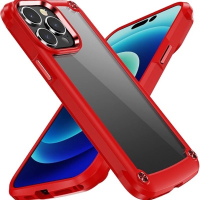 For iPhone 13 Pro Max Ultimate CaseX Transparent Hybrid Case with Metal Buttons And Camera Edges - Red