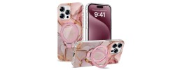 For iPhone 13 Pro Max Unique IMD Design Magnetic Ring Stand Cover Case - Elegant Marble on Pink