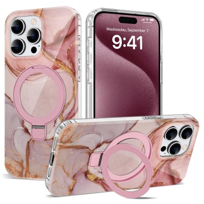 For iPhone 13 Pro Max Unique IMD Design Magnetic Ring Stand Cover Case - Elegant Marble on Pink
