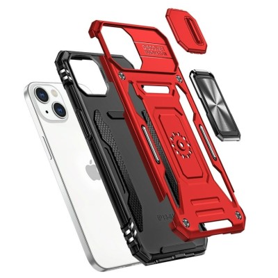 For iPhone 13 Pro Max Utter Tough Metal Ring Movable Camera Window Hybrid Case Cover - Red