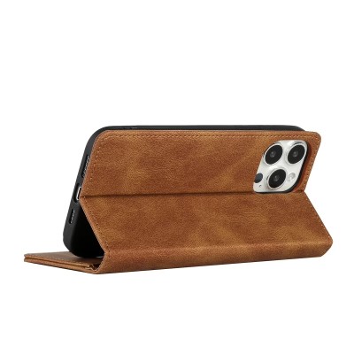 For iPhone 13 Pro Max Wallet Premium PU Vegan Leather ID Card Money Holder with Magnetic Closure - Brown