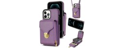 For iPhone 13 Pro Max Wallet Premium PU Vegan Leather ID Multiple Card Holder Money with Strap - Dark Purple